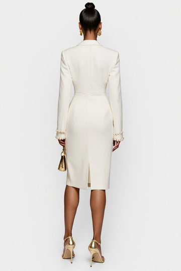 White Double Breasted Bodycon Peak Lapel Midi Work Dress